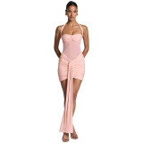 Women Mesh Patchwork Knot Halter Neck Tie Dress