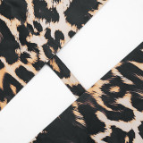 Women Sexy Deep V Leopard Print Lace-Up Halter Neck Two Piece Shorts Set