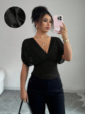 Women Chic Solid Color Deep V Neck Short Sleeve Slim Waist Top