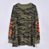 Women Spring Loose Letter Print Camo Long Sleeve Top