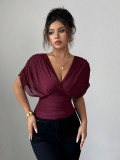 Women Chic Solid Color Deep V Neck Short Sleeve Slim Waist Top