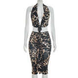 Women Sexy Deep V Leopard Print Lace-Up Halter Neck Two Piece Shorts Set