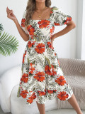 Women Spring Summer Floral Off Shoulder Short Sleeve Ruffle A-Line Beach Dress