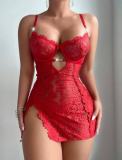 Women Embroidered Lace See-Through Slit Bodycon Nightdress Lingerie