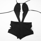 Women Spring Solid Color Sexy O-Ring Cut-Out Halter Neck Low Back Jumpsuit