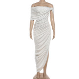 Women Spring Sexy Ruched Off Shoulder Low Back Irregular Solid Dress