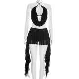 Women Mesh Halter Neck Draped Lace-Up Top & Ruffle Skort Two-Piece Set