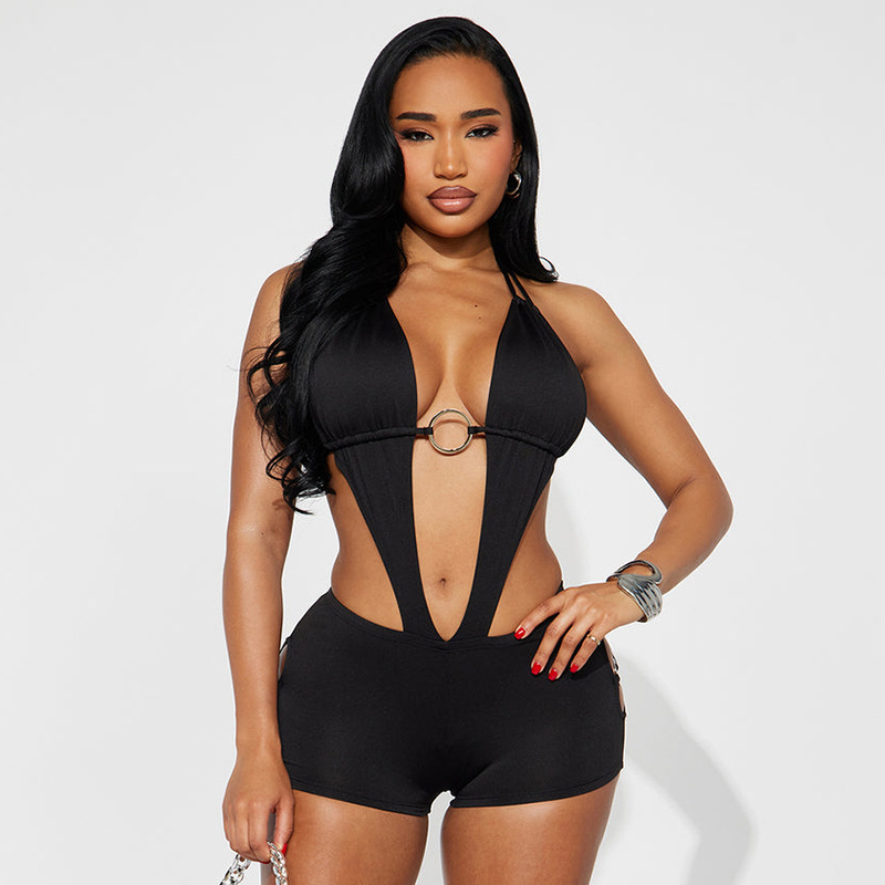 Solid O-Ring Cut-Out Halter Jumpsuit for Spring Clubwear