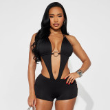 Women Spring Solid Color Sexy O-Ring Cut-Out Halter Neck Low Back Jumpsuit