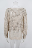 Women Solid Color Hollow-Out Holiday Knitted Long Sleeve Beach Cover-Up