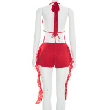 Women Solid Color Sexy Slim Fit Lace Patchwork Halter Neck Low Back Ruffle Jumpsuit