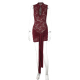 Women Lace Patchwork Sleeveless Sexy Tie Bodycon Mini Dress