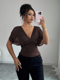 Women Chic Solid Color Deep V Neck Short Sleeve Slim Waist Top