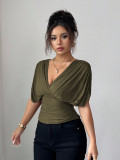 Women Chic Solid Color Deep V Neck Short Sleeve Slim Waist Top
