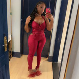 Women Spring Solid Color Sexy Tight Fitting Waist Cut-Out Tank and Pants Set