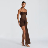 Women Mesh Patchwork Knot Halter Neck Tie Dress