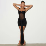 Women Mesh Patchwork Knot Halter Neck Tie Dress