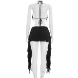 Women Mesh Halter Neck Draped Lace-Up Top & Ruffle Skort Two-Piece Set