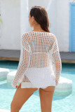 Women Solid Color Hollow-Out Holiday Knitted Long Sleeve Beach Cover-Up