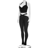 Women Spring Solid Color Sexy Tight Fitting Waist Cut-Out Tank and Pants Set