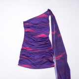 Women Spring Fashion Printed One Shoulder Tie Bodycon Mini Dress