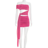 Women Solid Color Sexy Off Shoulder Mesh Cut-Out Lace-Up Dress