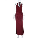 Women Autumn Shiny Knitted V-Neck Halter Neck Patchwork Bodycon Evening Dress