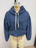 Women Spring Casual Washed Denim Hooded Long Sleeve Top