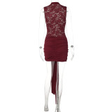 Women Lace Patchwork Sleeveless Sexy Tie Bodycon Mini Dress