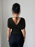 Women Chic Solid Color Deep V Neck Short Sleeve Slim Waist Top