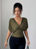 Women Chic Solid Color Deep V Neck Short Sleeve Slim Waist Top