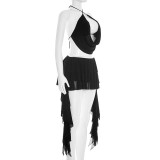 Women Mesh Halter Neck Draped Lace-Up Top & Ruffle Skort Two-Piece Set