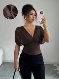 Women Chic Solid Color Deep V Neck Short Sleeve Slim Waist Top