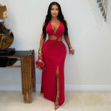 Women Hollow-Out Open Waist Knot Deep V Slit Slim Fit Evening Long Dress