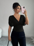 Women Chic Solid Color Deep V Neck Short Sleeve Slim Waist Top