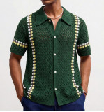 Men Summer Hollow Knitted Short Sleeve Turndown Collar Shirt Top