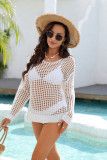 Women Solid Color Hollow-Out Holiday Knitted Long Sleeve Beach Cover-Up