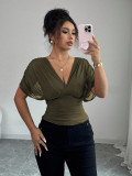 Women Chic Solid Color Deep V Neck Short Sleeve Slim Waist Top