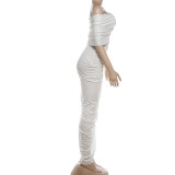 Women Spring Sexy Ruched Off Shoulder Low Back Irregular Solid Dress
