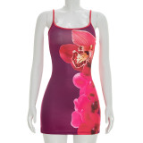 Women Spring Slim Fit Floral Print Strap A-Line Dress