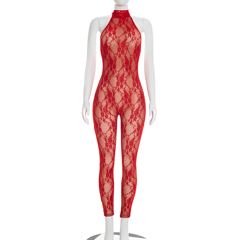See-Through Lace Halter Lace-Up Jumpsuit for Club Wear