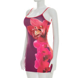 Women Spring Slim Fit Floral Print Strap A-Line Dress