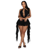 Women Mesh Halter Neck Draped Lace-Up Top & Ruffle Skort Two-Piece Set