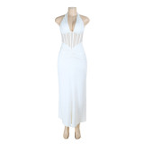 Women Elegant Sexy Halter Neck Ruched Cut-Out Low Back Formal Party Dress