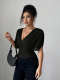 Women Chic Solid Color Deep V Neck Short Sleeve Slim Waist Top