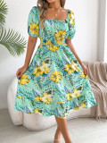 Women Spring Summer Floral Off Shoulder Short Sleeve Ruffle A-Line Beach Dress