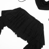 Women Mesh Halter Neck Draped Lace-Up Top & Ruffle Skort Two-Piece Set