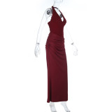 Women Autumn Shiny Knitted V-Neck Halter Neck Patchwork Bodycon Evening Dress