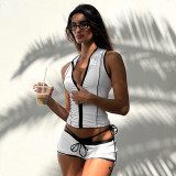 Women Spring Summer Colorblock Zipper Tank Top & Tight Shorts Set