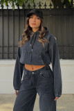 Women Spring Casual Washed Denim Hooded Long Sleeve Top